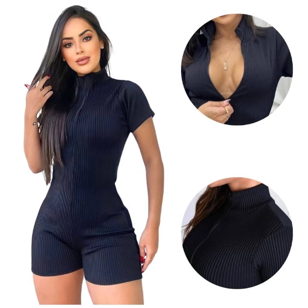 Macaquinho Feminino Canelado 3D Premium Virginia Ziper Shorts Macacão Curto Moda Gringa Blogueira