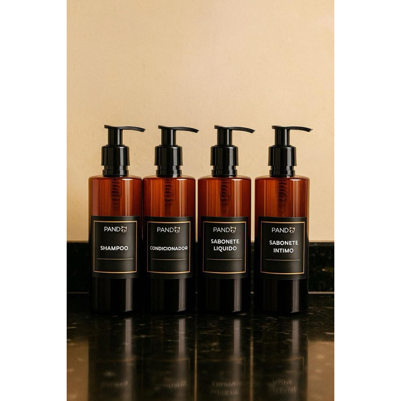 Kit Banheiro 04 Frascos Âmbar  - PUMP PRETO - Sh, cond, sab líquido e sab íntimo - 250ml em Oferta na Shopee