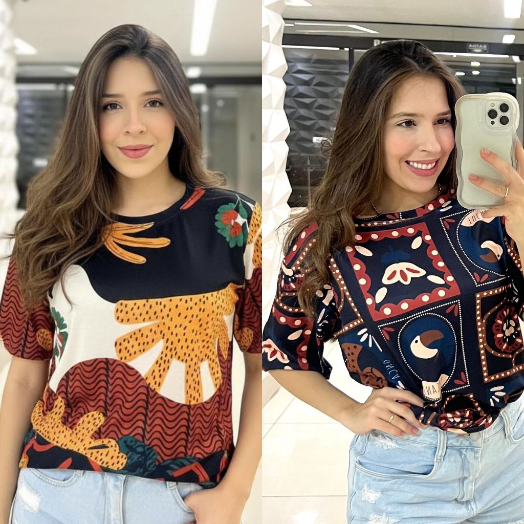 Kit 2 Blusas Femininas com estampa Sortidas na Malha Sued Verão em Oferta na Shopee