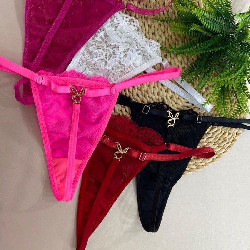 Kit 3 Calcinhas Playboy Sexy Fio Dental Sensual Em Renda Pingente Coelhinha Tanga