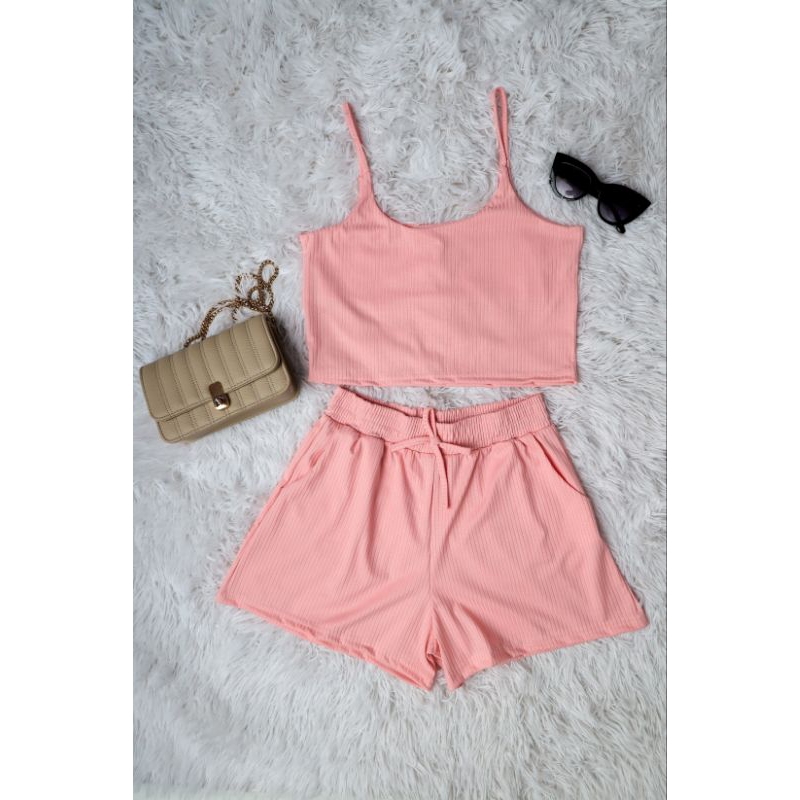 Short Com bolso + Cropped Top Com forro é Alcinha Conjuntos Feminino Moda verão Malha Canelados