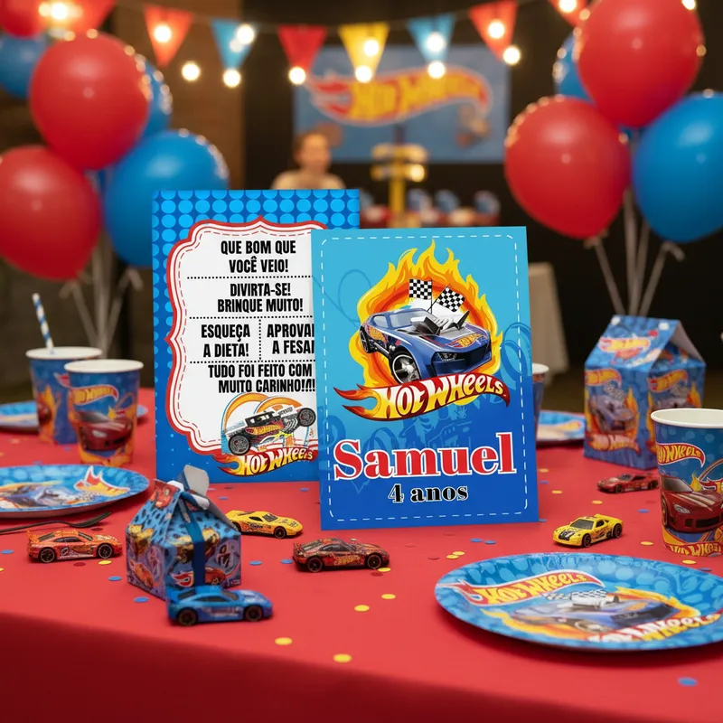 Plaquinha para mesa personalizada com Nome, Idade e frase - Festa Infantil Tema Hot Wheels - Aniversário - Decoração em Oferta na Shopee