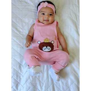 Macacão Jardineira Coroa Menina Tricô Modal Cara Urso Alça Regulável Botão Madeira Canelado. em Oferta na Shopee