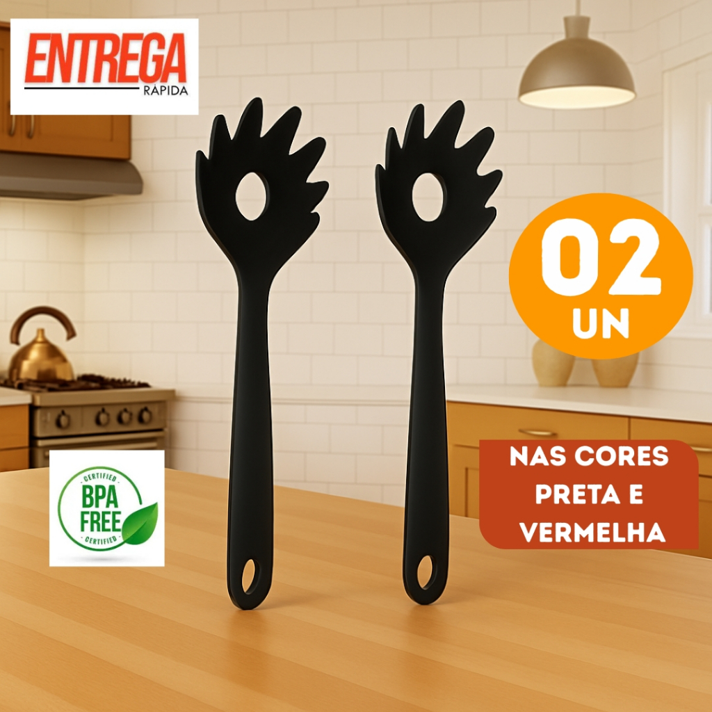 KIt Conjunto Pegador De Silicone Para Massa/Macarrão Vermelha e Preta