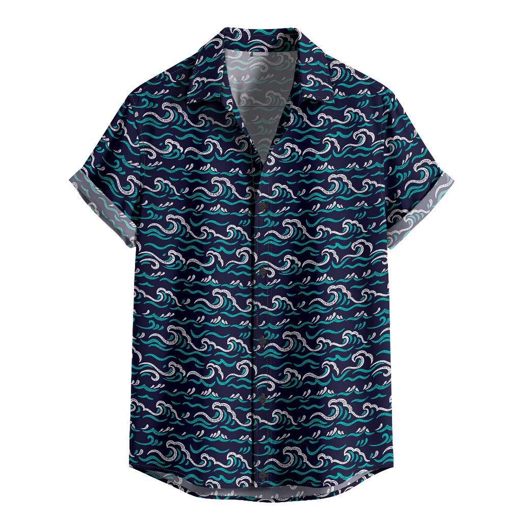 Camisa De Botão Masculina Unissex Estampada Ondas Do Mar Estilo Praia E Streetwear [Ref-492]