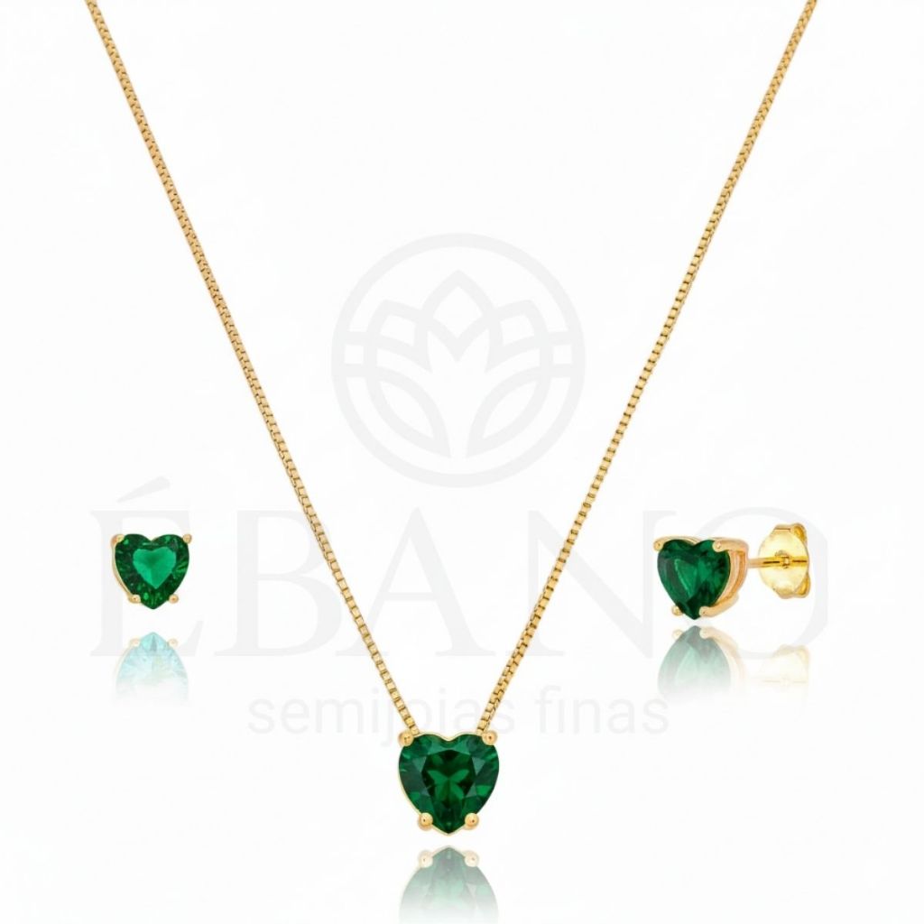 Conjunto Colar e Brinco Coração Esmeralda Banhado Ouro 18K Antialérgico Super Luxo