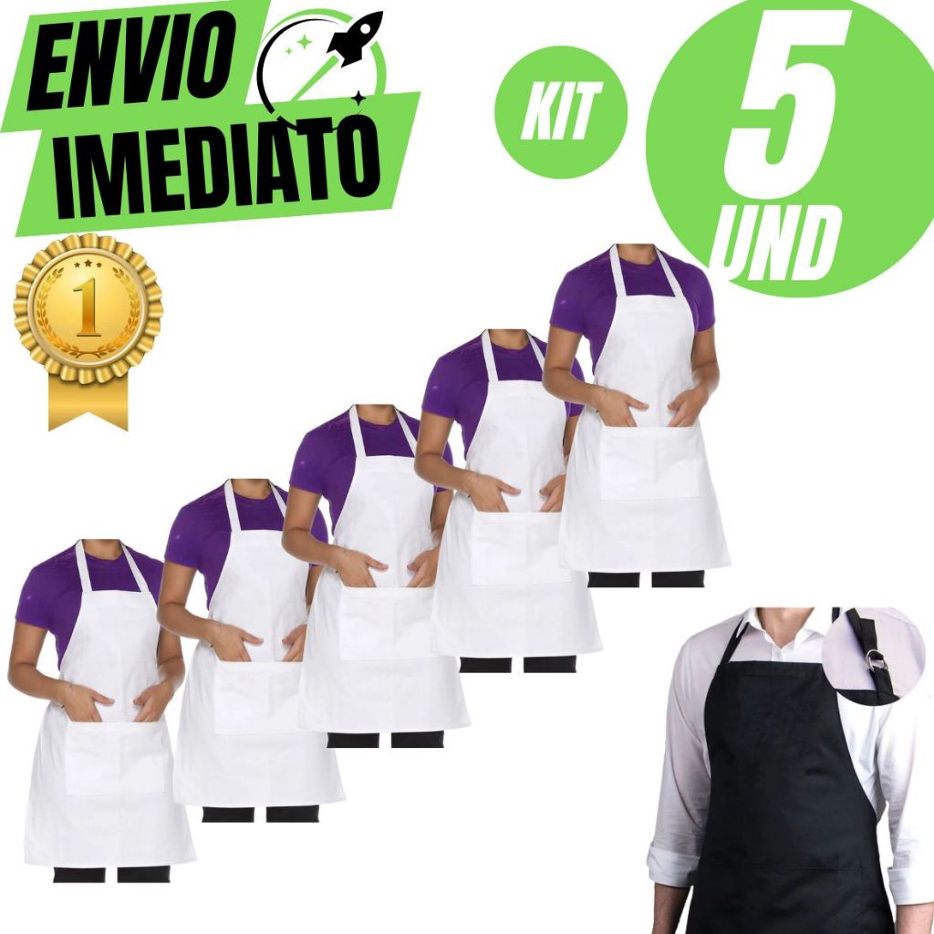 Kit C/5 Avental De Oxford Engate Rápido Cozinha Garçom Açougueiro Churrasqueiro Peixaria