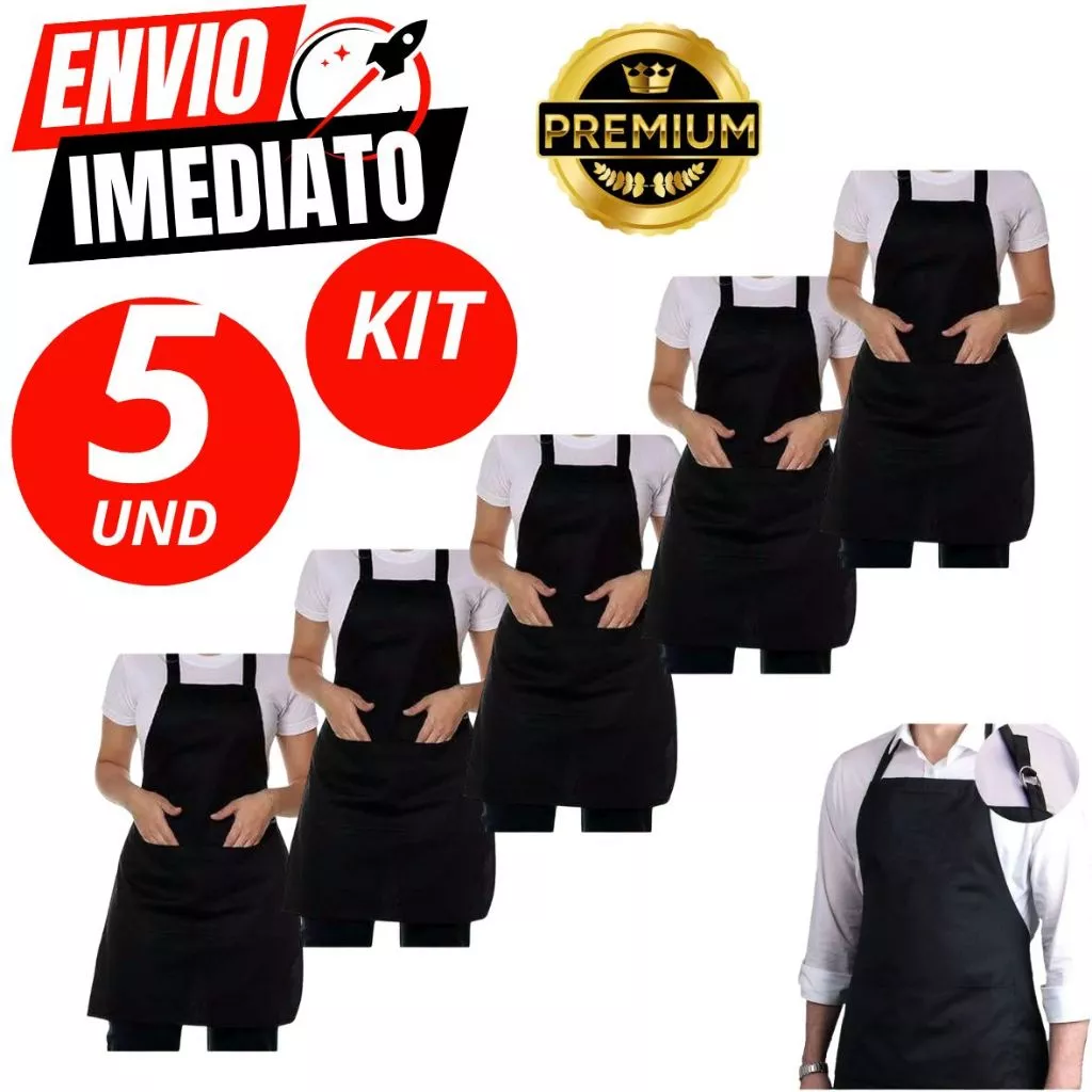 Kit 5 Avental De Oxford Preto Engate Rápido Garçom Cozinha Açougueiro Churrasqueiro Peixaria