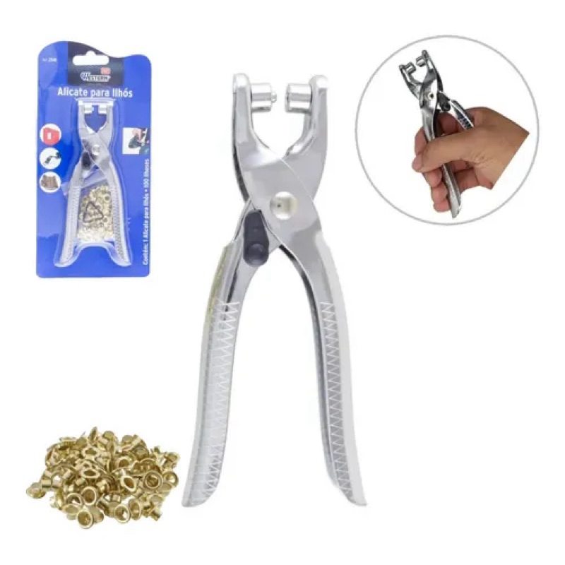 Alicate De Ilhós Aplicador + 100 Ilhós Fixador Bolsa Cinto