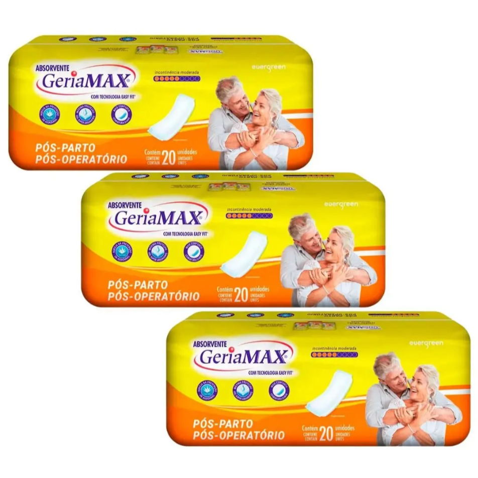 Kit c/ 3 Unidades - Absorvente Geriátrico Pós Parto Geriamax 20 Un Incontinência Absorção Máxima