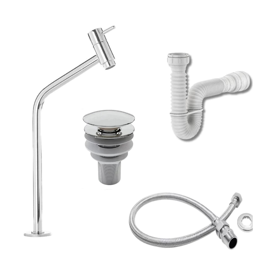 Kit de Banheiro em ABS- Torneira Bancada Link Cromada+ Ralo Válvula click 7/8 Cromado + Sifão Branco+ Engate 40CM