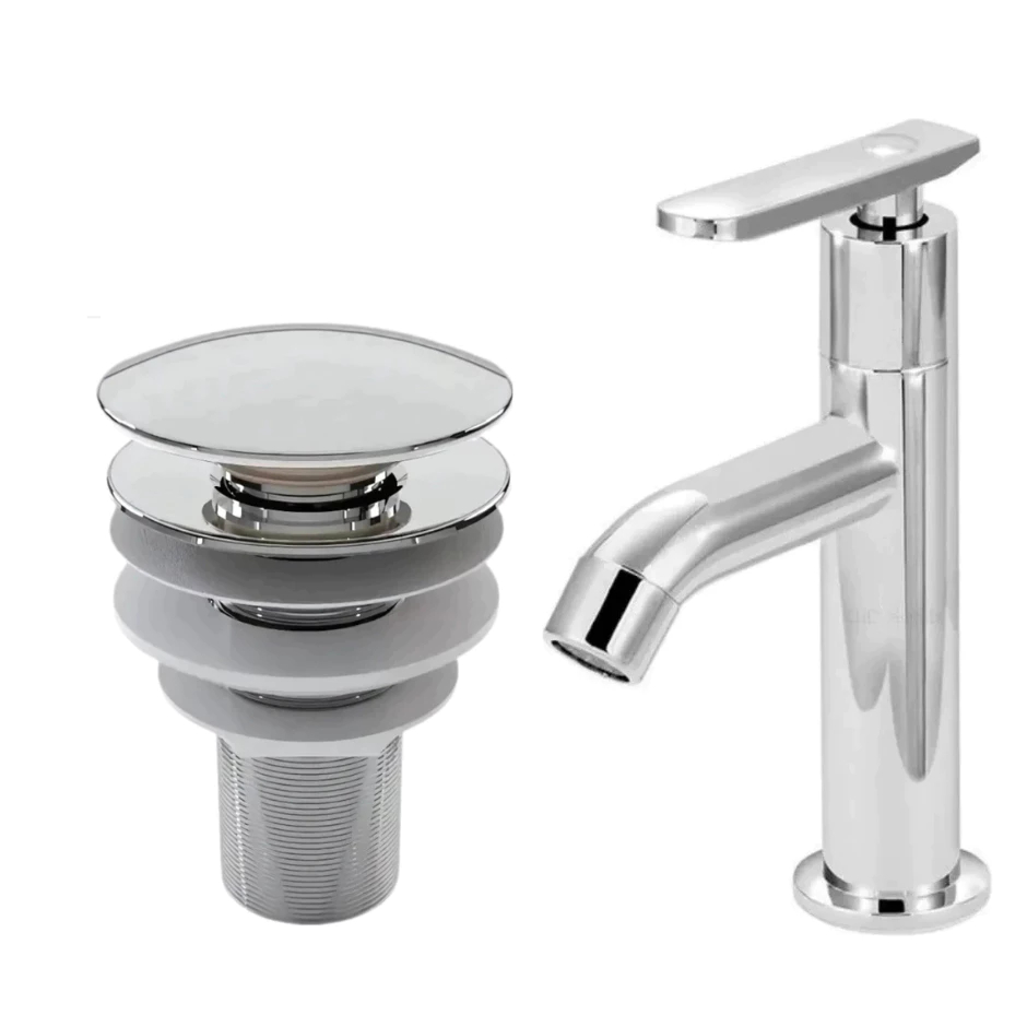 Kit de Banheiro em ABS- Torneira Bica alta Alavanca Bancada Lavabo Lavatório Cromada +Ralo Válvula click 7/8 Cromada