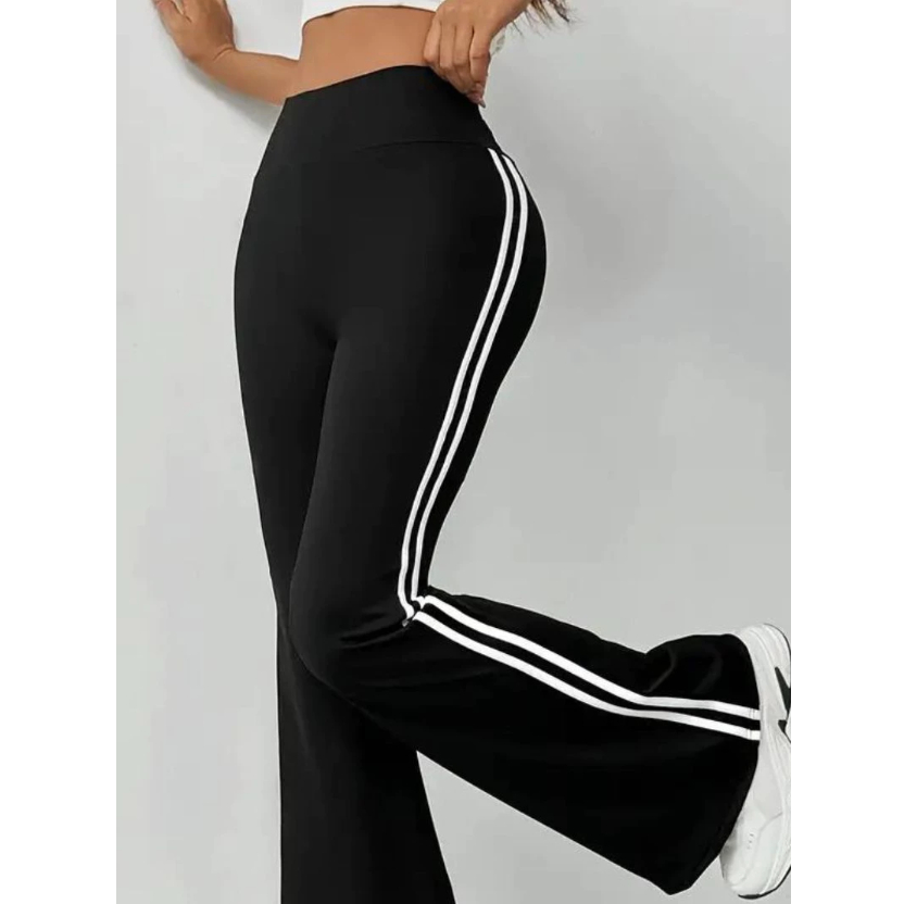 Calça Cintura Alta Bailarina com Listras Laterais Estilo Flare Moda Tendência