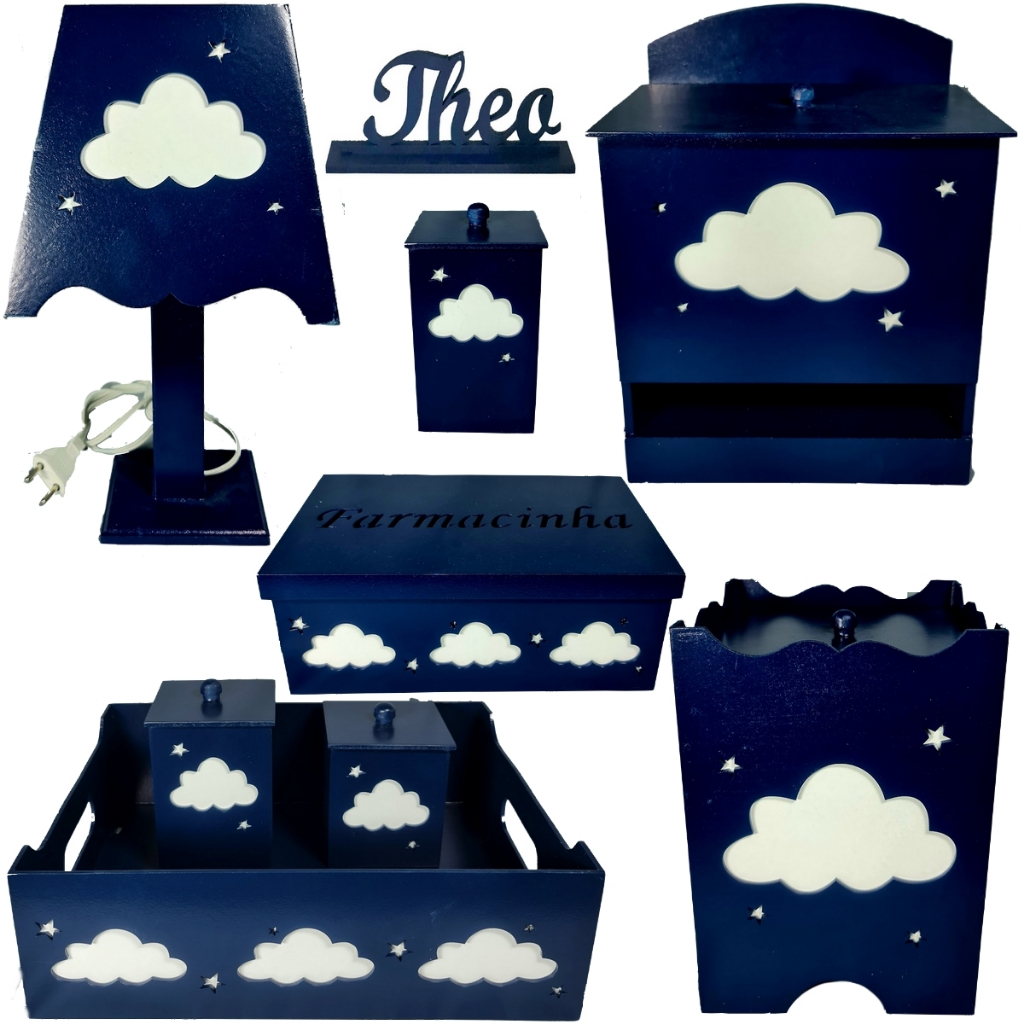 Kit farmacinha Higiene Bebê Mdf Nuvem Azul marinho com nome totem