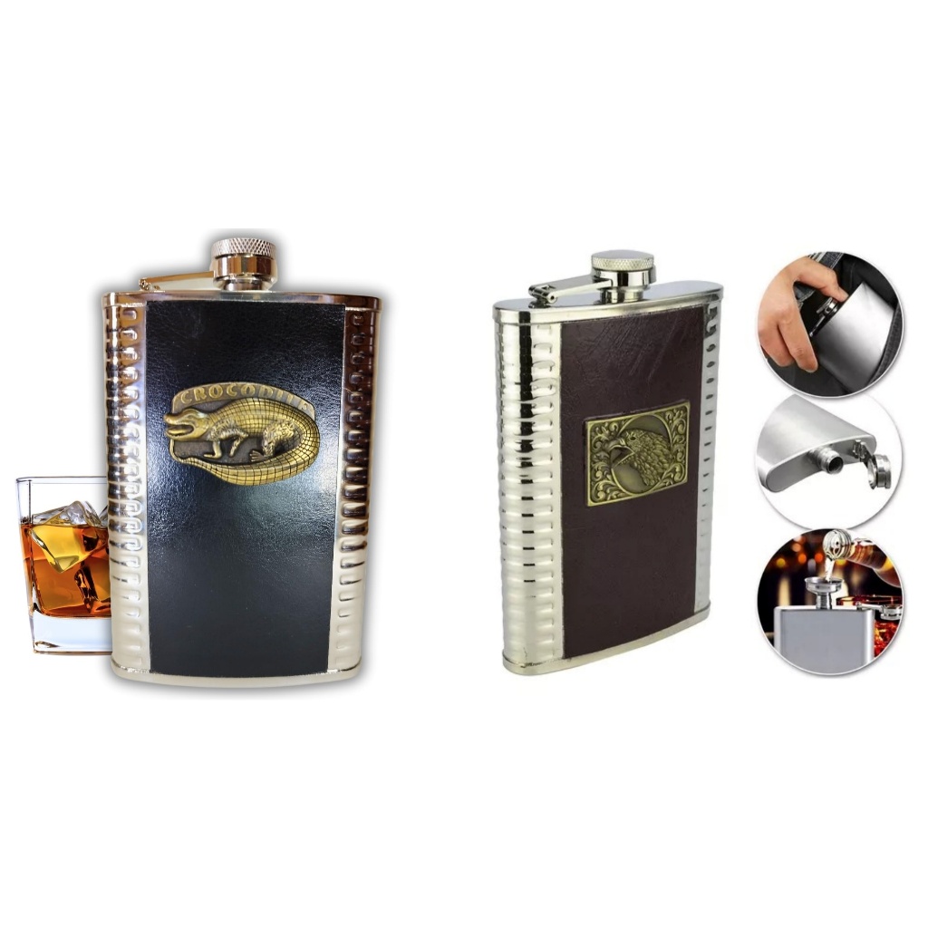 Kit 02 Cantil em Inox Frasco Bolso Bar Portátil Couro 255ml