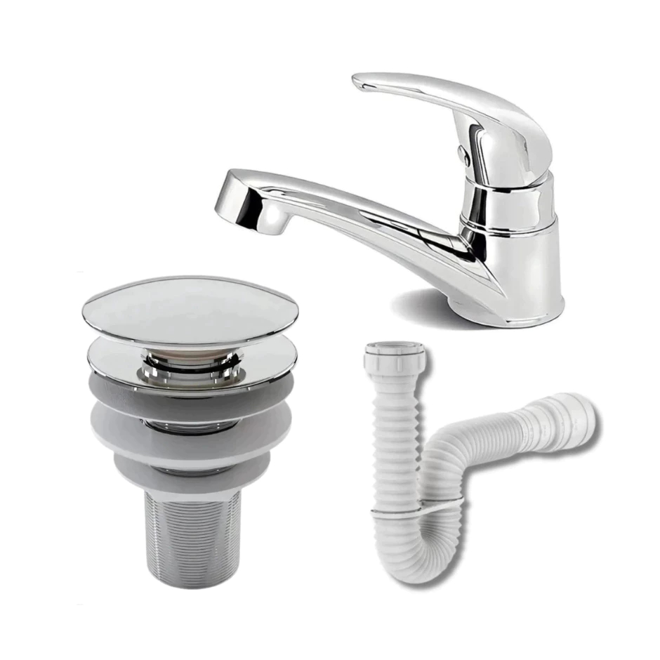 Kit Banheiro ABS Completo – Torneira Mono Up Cromada + Válvula Click 7/8 Cromada e Sifão Flexível Branco
