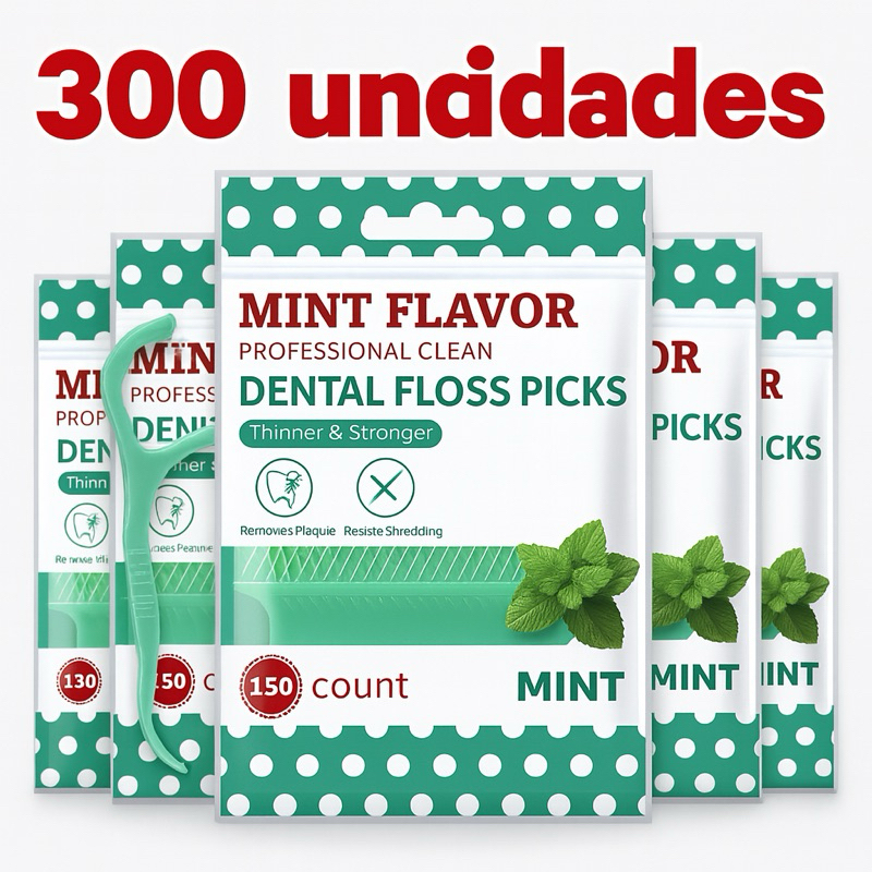 300un de Palitos Fio Dental Sabor Menta – Limpeza Profissional, Forte & Resistente, Remove Placa
