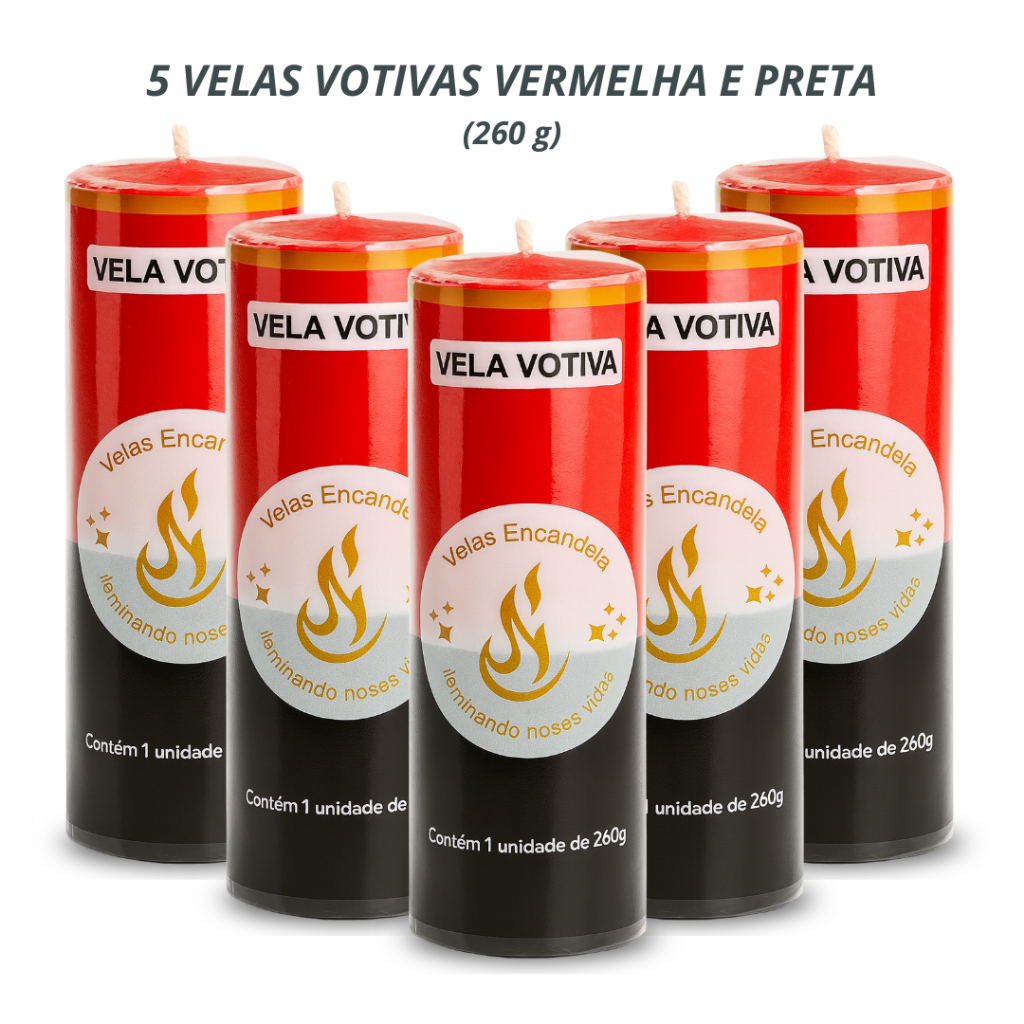 Kit com 5 Velas Votivas PRETO e VERMELHO de 260g - Parafina 100% Pura em Oferta na Shopee