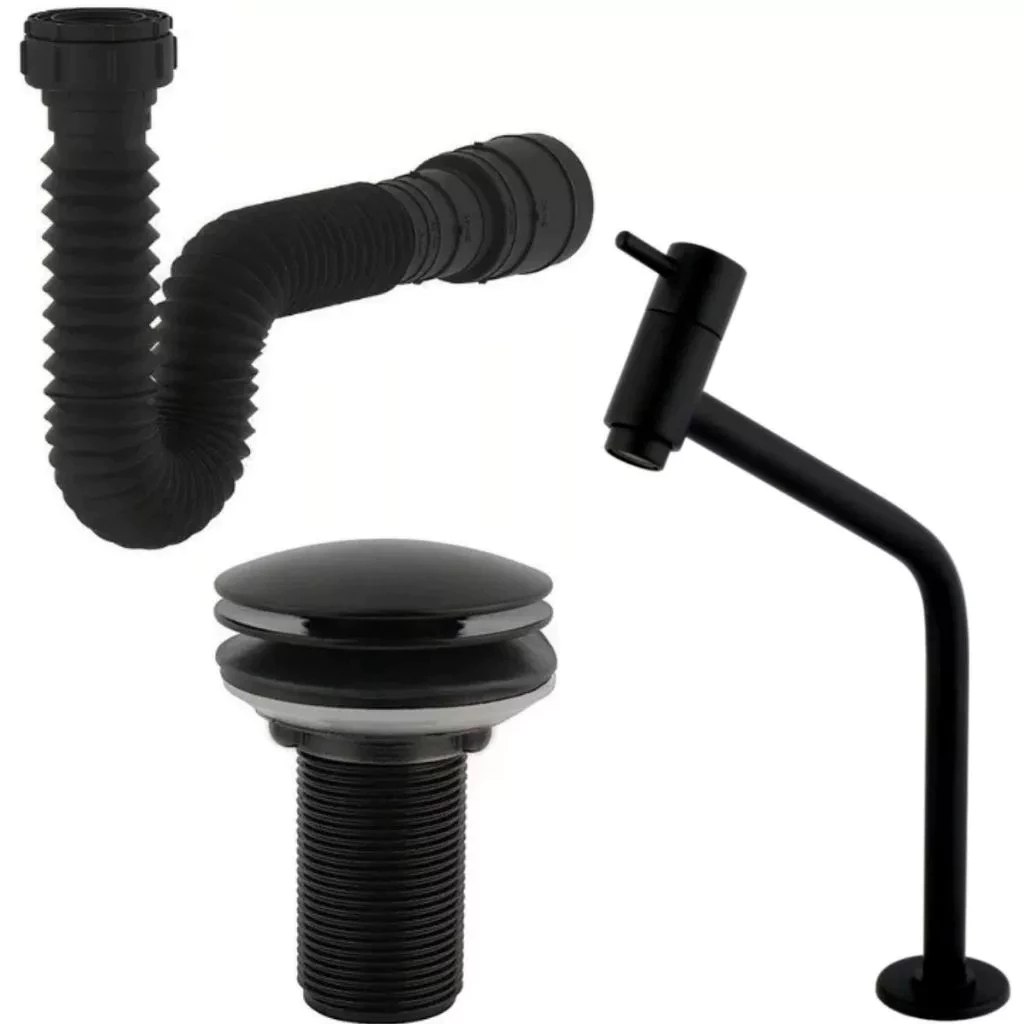Kit Banheiro Premium em ABS – Torneira Link Preto + Ralo Click 7/8 Preto + Sifão Flexível Preto