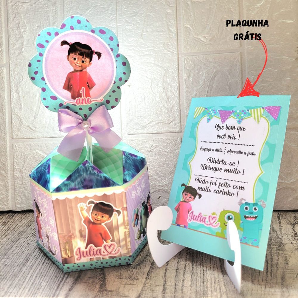 Centro de Mesa Boo + Plaquinha Cachepô Personalizado Monstros S.A Arranjo, Enfeite ,Lembrancinha p/Festa Aniversário