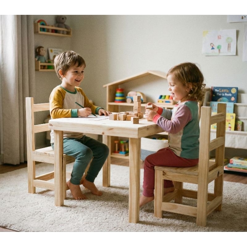 Novidade Mesinha Mesa com Cadeirinha Infantil Kit Mesa e duas Cadeiras de Madeira Natural