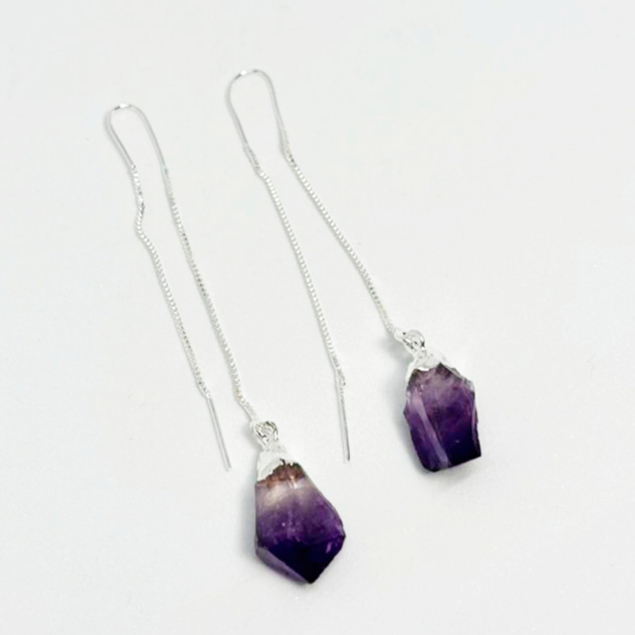 Brinco de Pedra Natural Anzol Longo Ametista Prateado em Oferta na Shopee