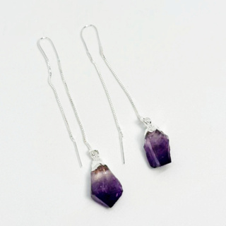 Brinco de Pedra Natural Anzol Longo Ametista Prateado em Oferta na Shopee