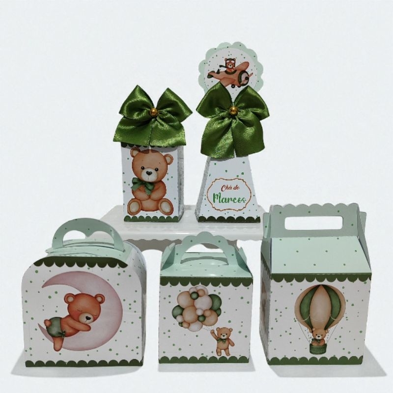 Kit festa lembrancinhas personalizados caixinhas personalizadas chá de bebê chá revelação ursinho verde- PEGUE E MONTE