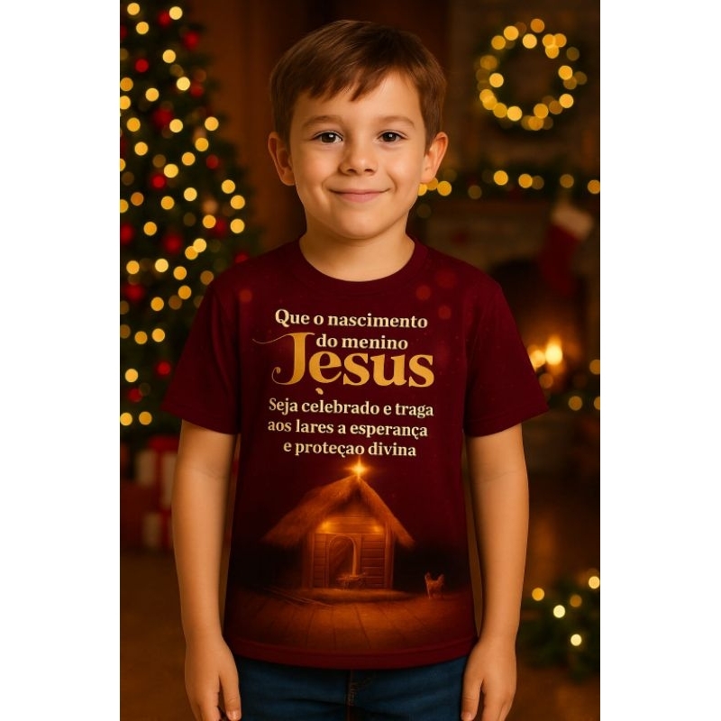 Camiseta Infantil Natalina Menino Jesus Esperança, Fé e Proteção Estampa Cristã Camiseta Natal