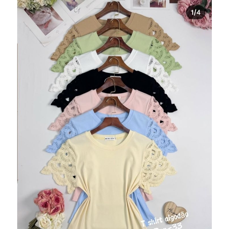 Blusa feminina de algodão/ Manga crochê / Confortável em Oferta na Shopee
