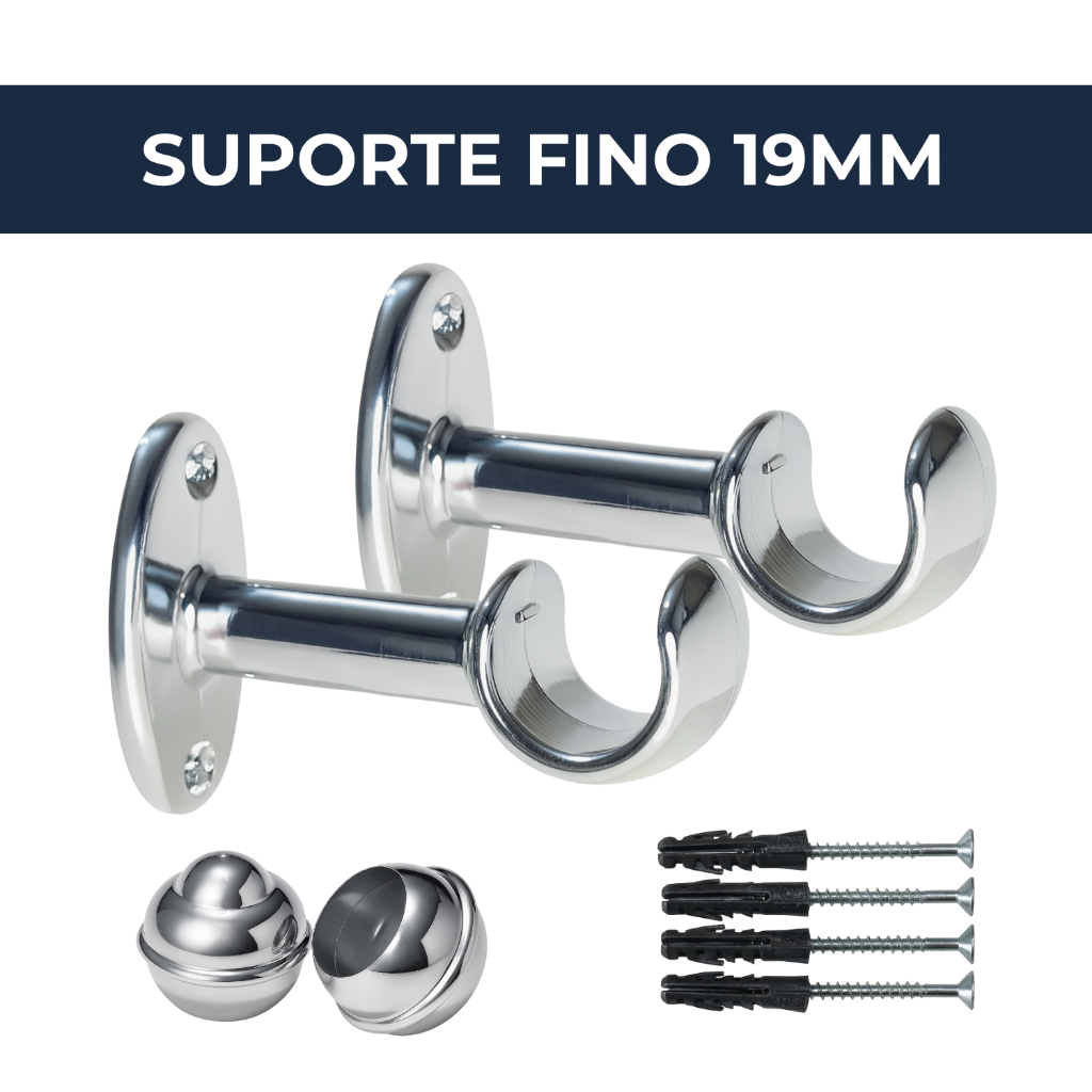Suporte de Cortina Simples Para Varão Fino 19mm Kit Instalação Acompanha Ponteira De Varão Cromado