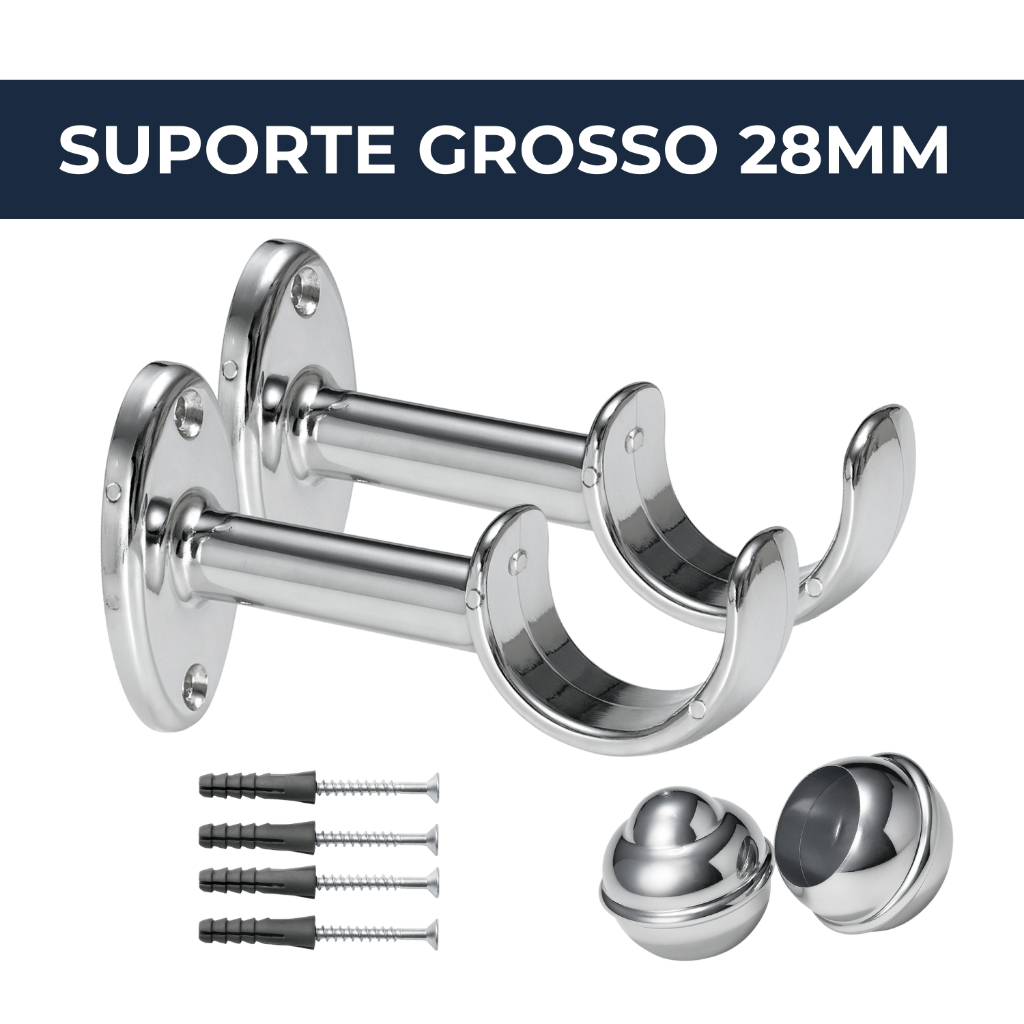 Suporte de Cortina Para Varão Grosso 28mm Kit Instalação Acompanha Ponteira Para Varão Cromado
