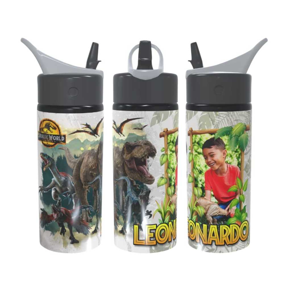 Garrafa Squeeze de alumínio Dinossauro Jurassic World - Personalizada com nome Foto