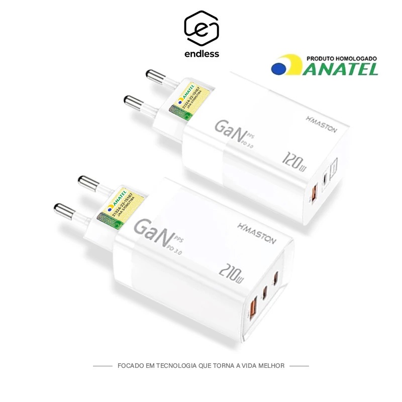 Carregador GaN 210W Turbo USB-C+USB-A 3 Portas PD3.0 Carga Rápida,Plug Tipo C UE