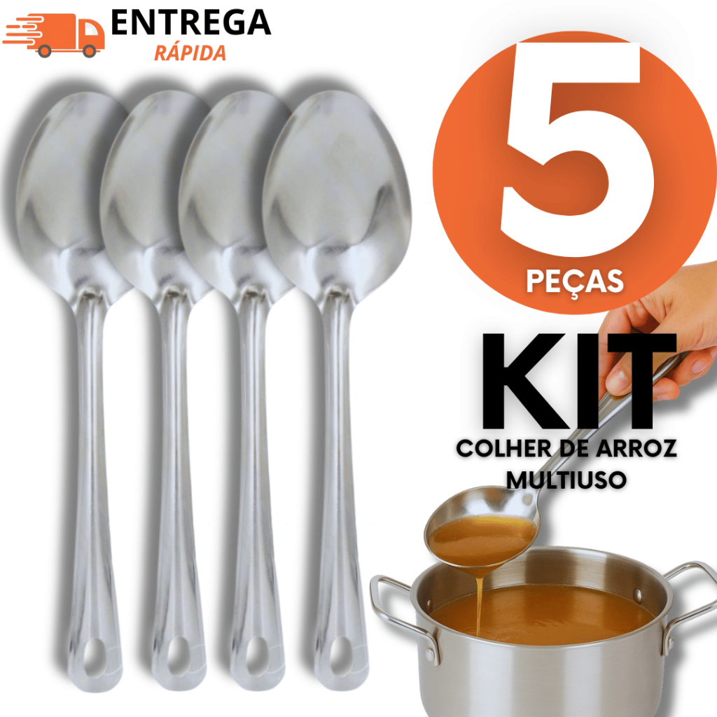 KIT 05 Colheres de Arroz Aço Inox Grande de Arroz Cozinha Restaurante Refeição Multiuso Utilidades Premium