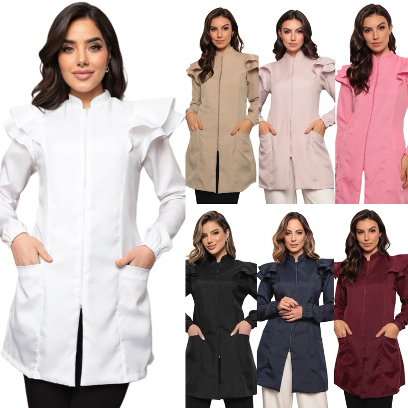 Jaleco Feminino Manga Longa Victoria Oxford Zíper Luxo Várias Cores Gardenia Jalecos