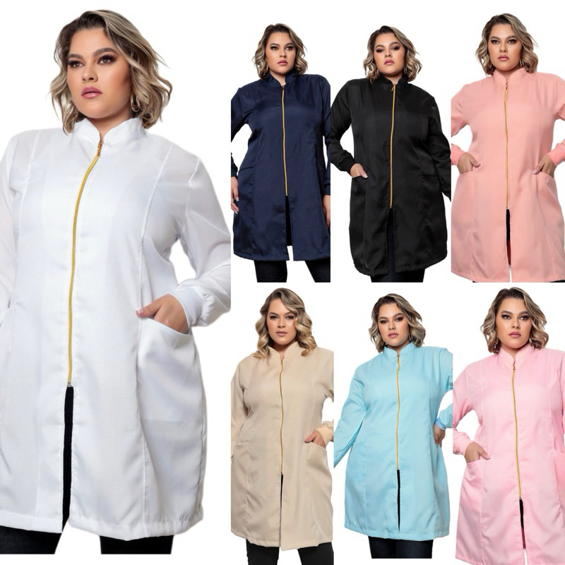Jaleco Feminino Oxford Zíper Gola Padre Plus Size Nice Várias Cores Luxo Gardenia Jalecos