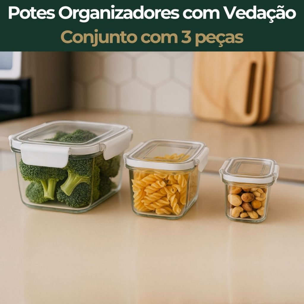 Marmita 3 Potes Hermético com Tampas Vedação Organizador Armazenamento Geladeira Cozinha