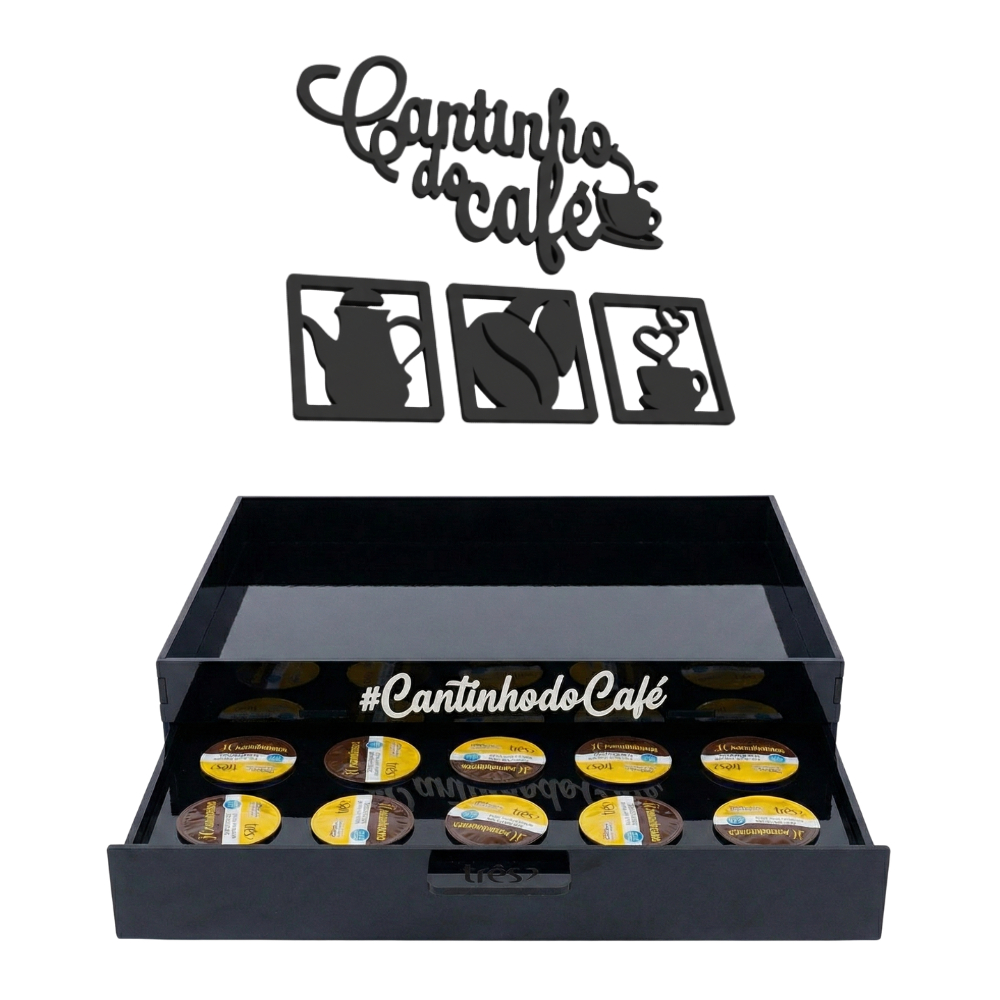 Bandeja Três Corações 24 Cápsulas Cantinho do Café Organizador de Cápsulas Madeira Preta Decorativa