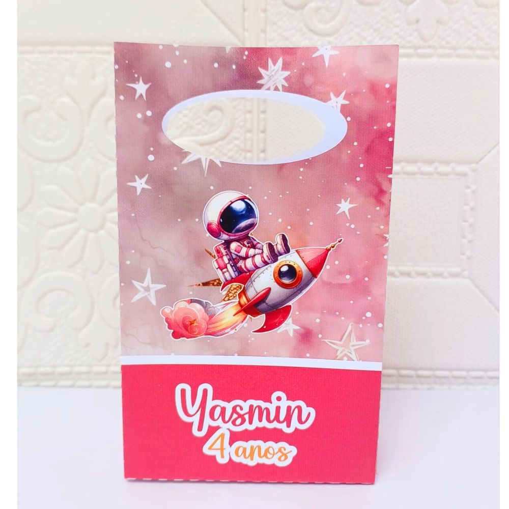SACOLINHA ASTRONAUTA ROSA PERSONALIZADA - Lembrancinha de festa infantil astronauta rosa - sacolinha surpresa astronauta