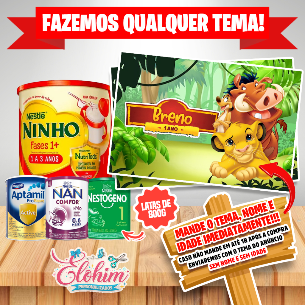 Rótulo Adesivo para Lata de Leite 800g (FAZEMOS QUALQUER TEMA) Rei Leão em Oferta na Shopee