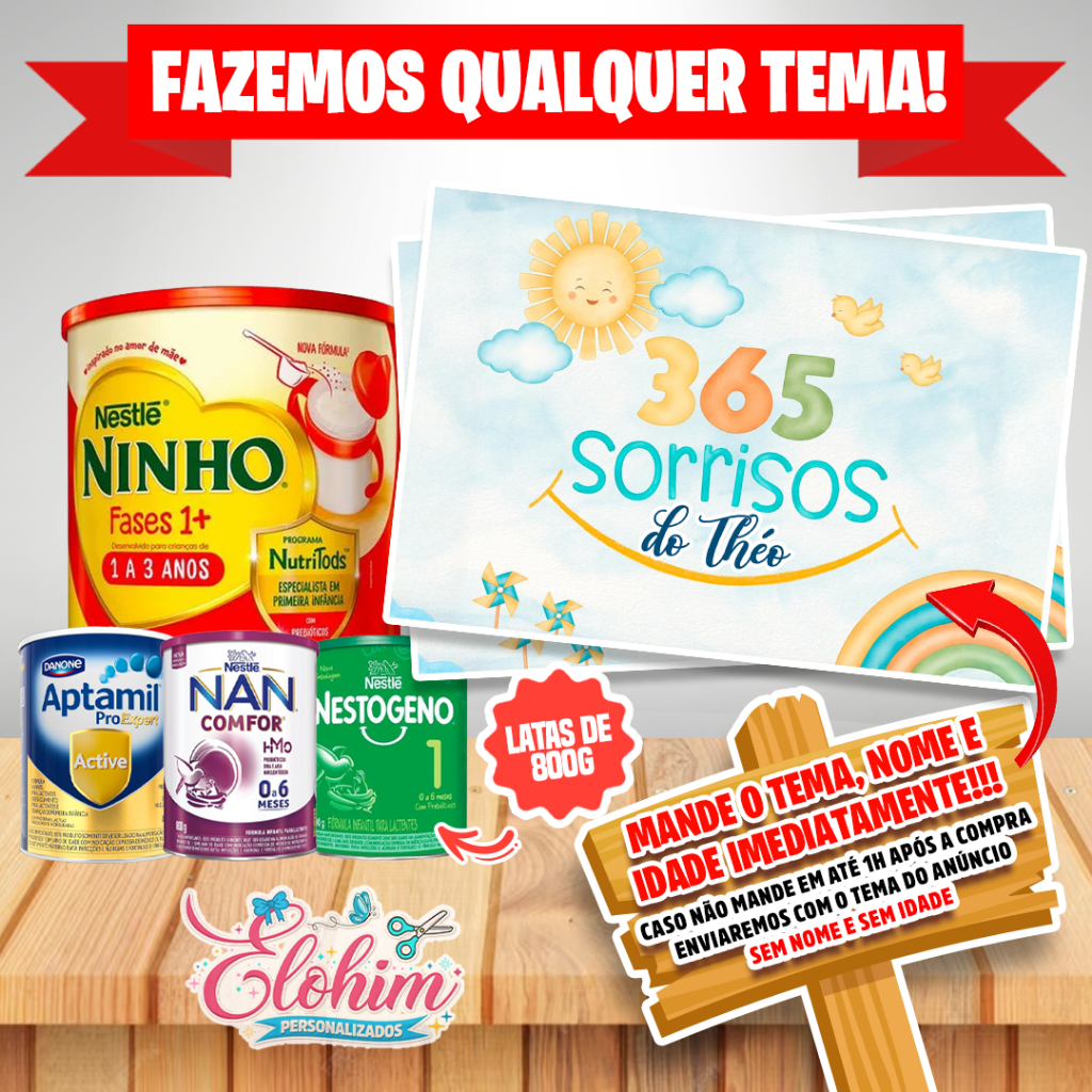 Rótulo Adesivo para Lata de Leite 800g (FAZEMOS QUALQUER TEMA) 365 Sorrisos