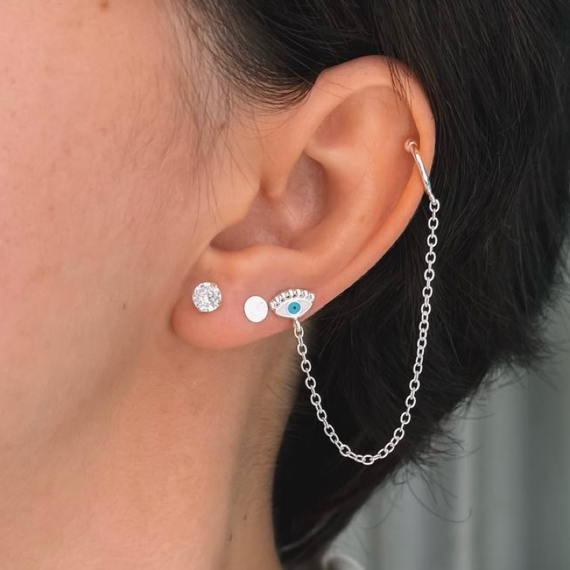 Brinco Ear Cuff Olho Grego com Corrente Prata 925 Feminino Immagine Prata