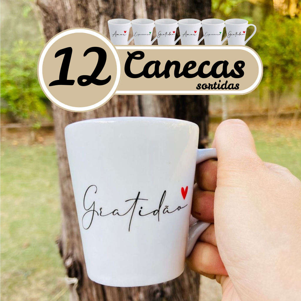 KIT 12 Caneca de Porcelana 300 ml estampadas gratidão, fé amor prosperidade paz felicidade família em Oferta na Shopee