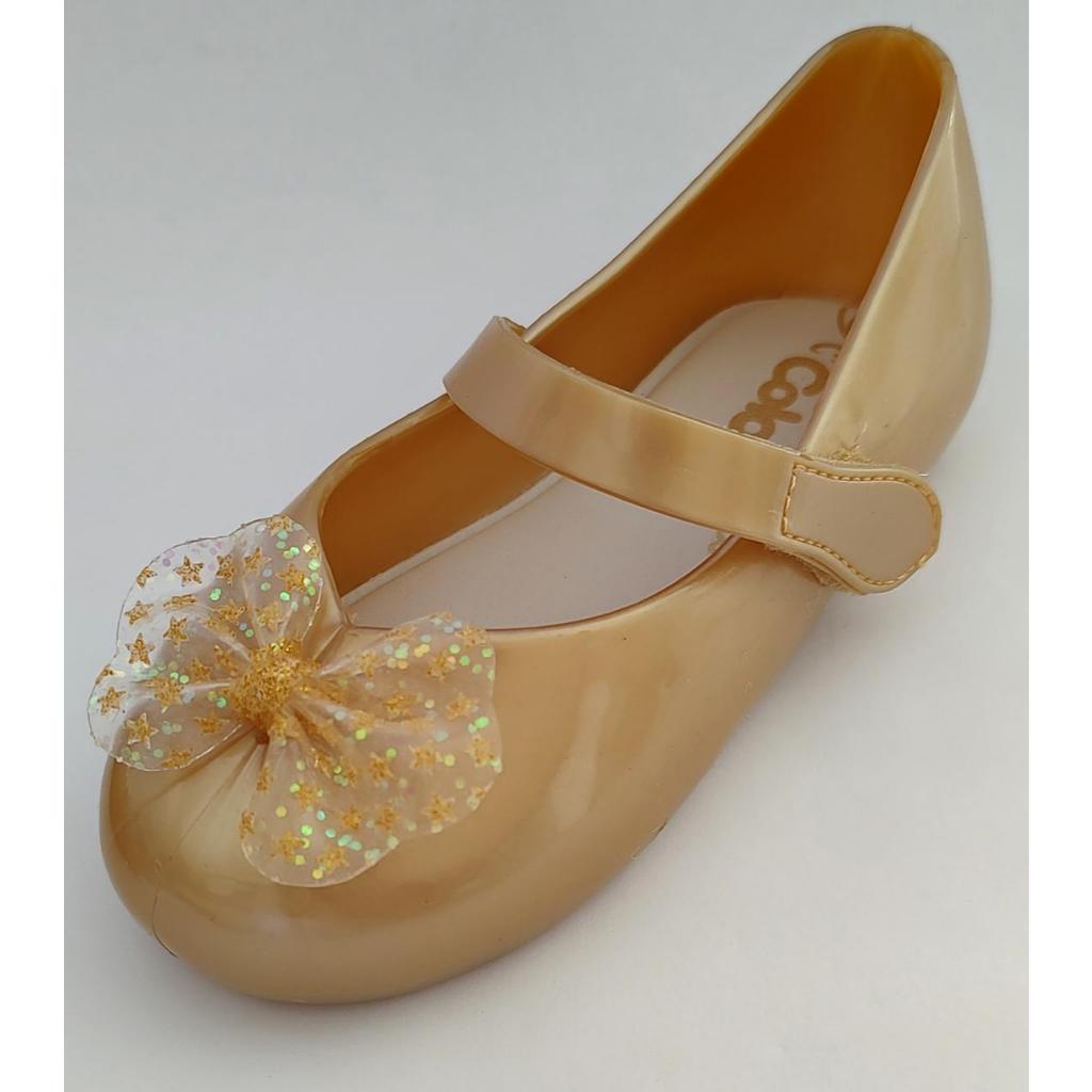 Sapatilha Dourada para meninas, detalhe em laço com glitter, linha colorê de Luxo.