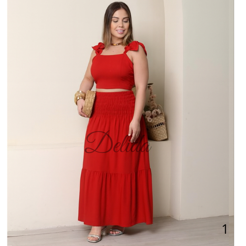 “Conjunto Feminino Cropped com Amarração nas costas + Saia Longa Godê com Cintura Elástica — Look de verao e  Passeios”