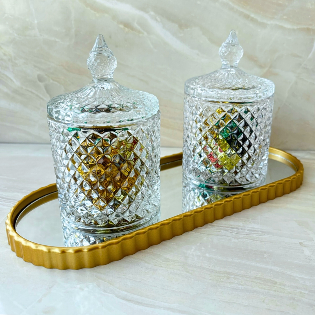 Bomboinere de Vidro Kit Potiche de Vidro Kit Bomboniere com Bandeja Decorativa Espelhada