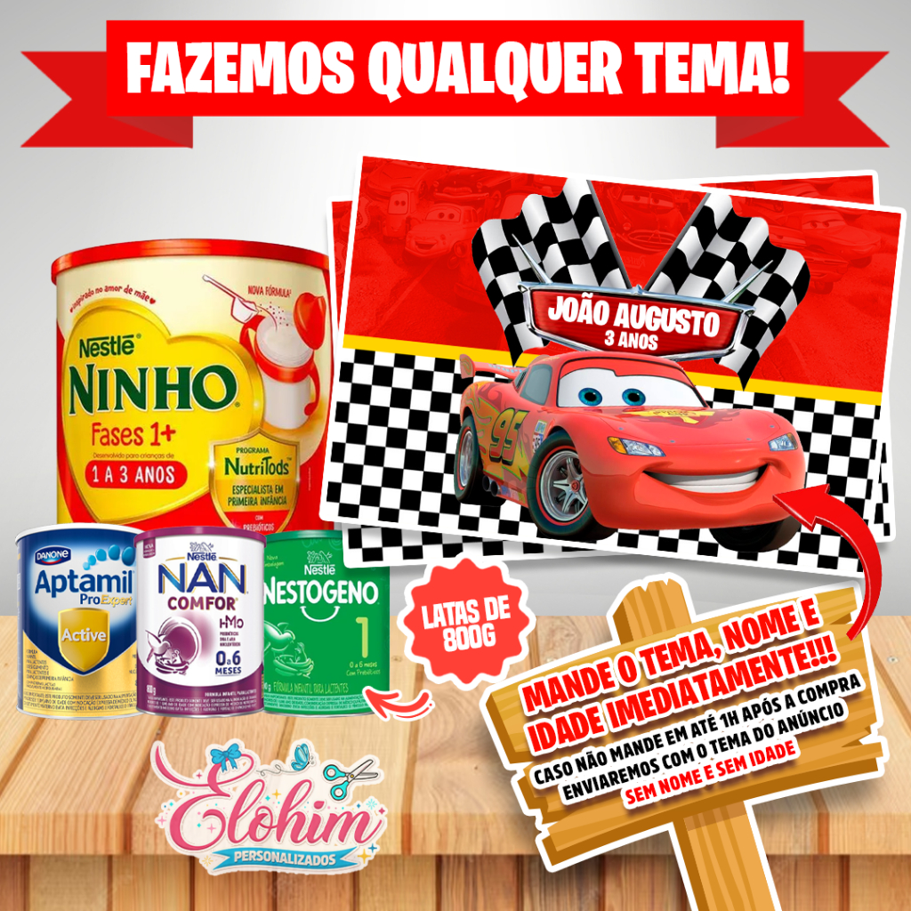 Rótulo Adesivo para Lata de Leite 800g (FAZEMOS QUALQUER TEMA) Carros