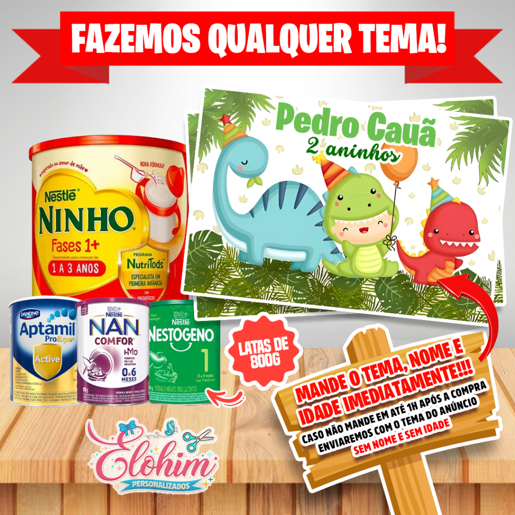 Rótulo Adesivo para Lata de Leite 800g (FAZEMOS QUALQUER TEMA) Dino Baby