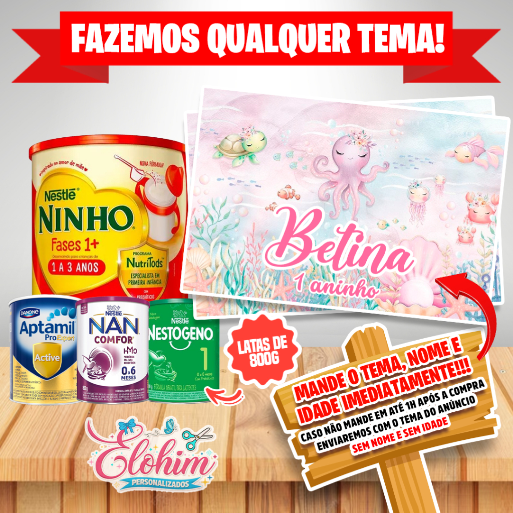Rótulo Adesivo para Lata de Leite 800g (FAZEMOS QUALQUER TEMA) Fundo do mar menina